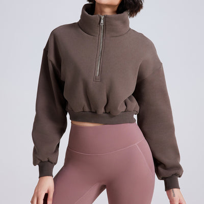 Olivenorma Yoga-Oberteile mit Hüftreißverschluss, übergroßes, kurzes Fleece-Pullover-Sweatshirt - Kaffee - L - image 13