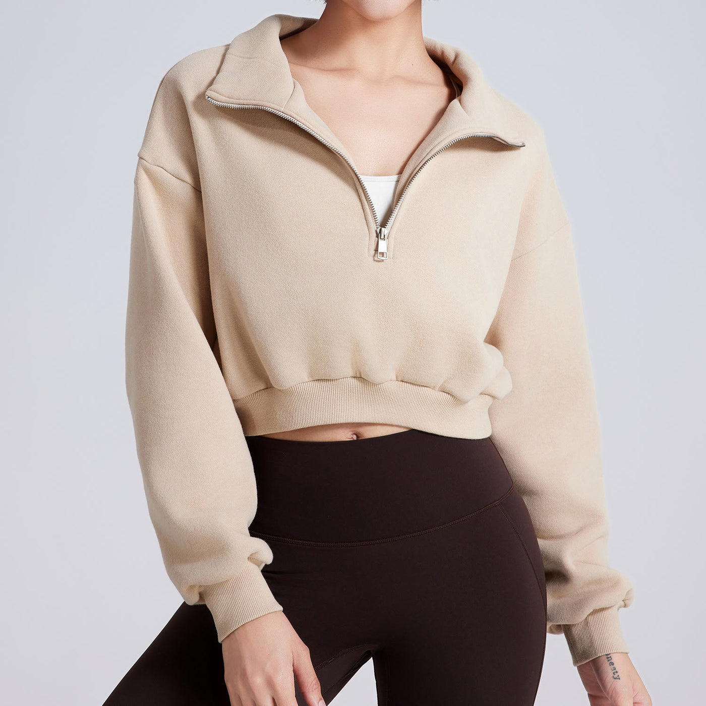 Olivenorma Yoga-Oberteile mit Hüftreißverschluss, übergroßes, kurzes Fleece-Pullover-Sweatshirt - Beige - L - image 0