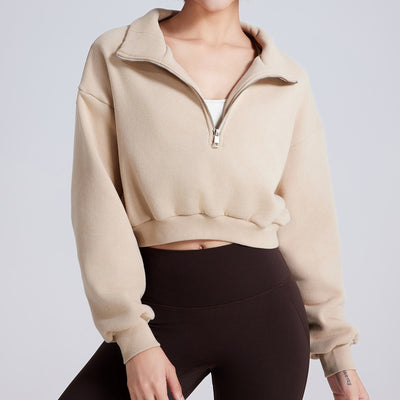 Olivenorma Yoga-Oberteile mit Hüftreißverschluss, übergroßes, kurzes Fleece-Pullover-Sweatshirt - Beige - L - image 0