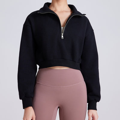 Olivenorma Yoga-Oberteile mit Hüftreißverschluss, übergroßes, kurzes Fleece-Pullover-Sweatshirt - Schwarz - L - image 10
