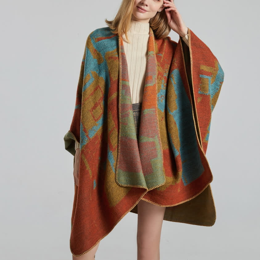 Olivenorma Boho Patchwork Schal-Cardigan mit offener Vorderseite - Orange - 135x155cm - image 4