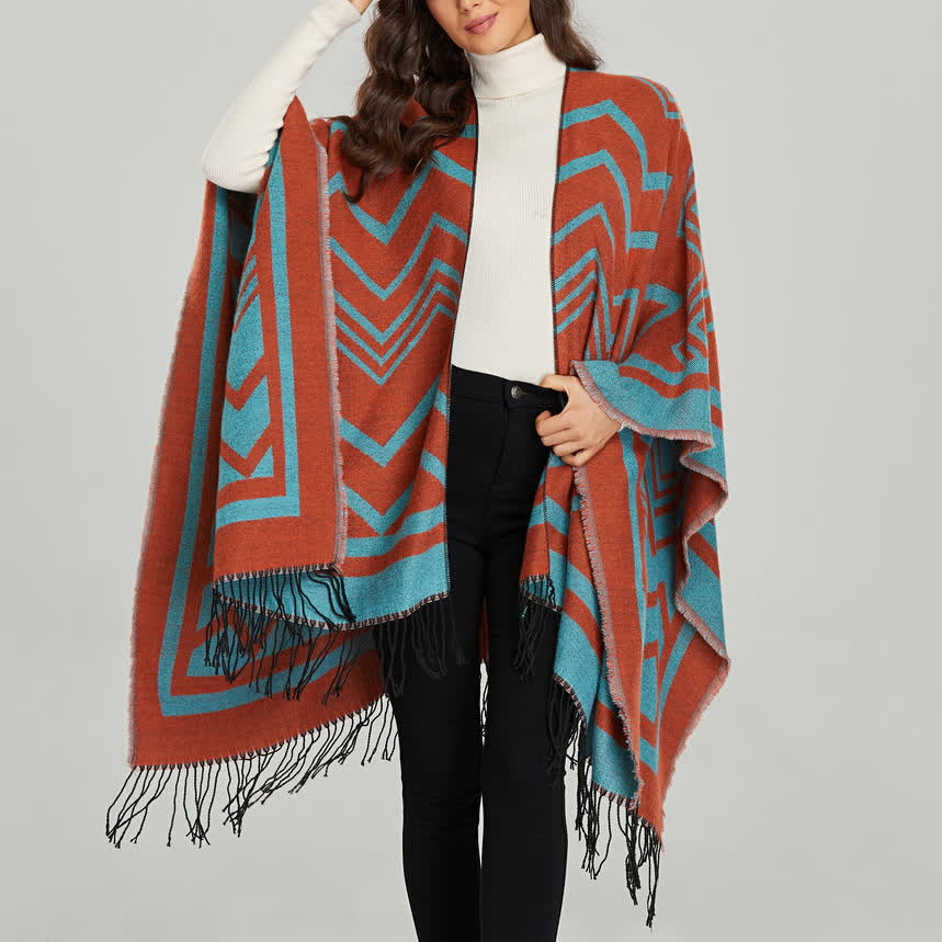 Olivenorma Boho Patchwork Schal-Cardigan mit offener Vorderseite - Geometrisches Rot & Blau - 135x155cm - image 7