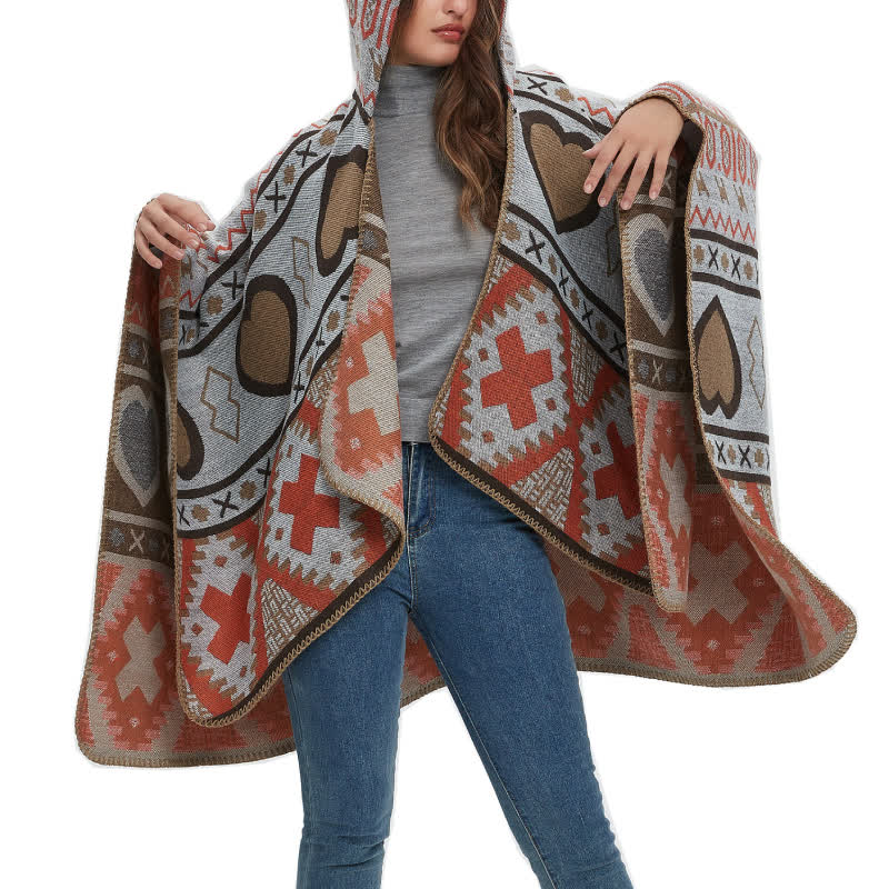 Olivenorma Boho Geometrischer Schal-Cardigan mit Kapuze - image 2