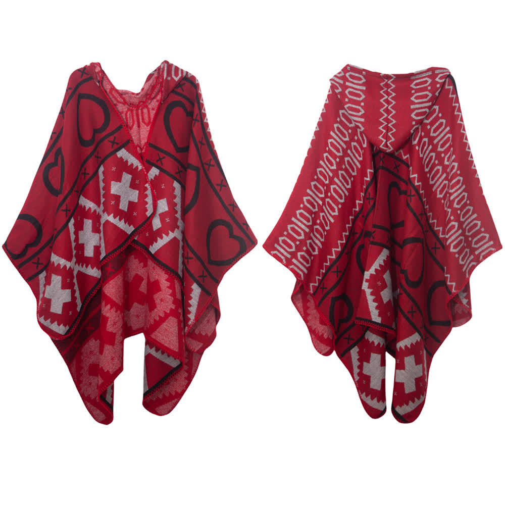 Olivenorma Boho Geometrischer Schal-Cardigan mit Kapuze - Rot - 150x130cm - image 8