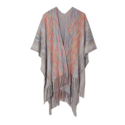 Olivenorma Poncho mit Rüschenbesatz, Quasten, Cardigan-Schal - Hellgrau - image 9