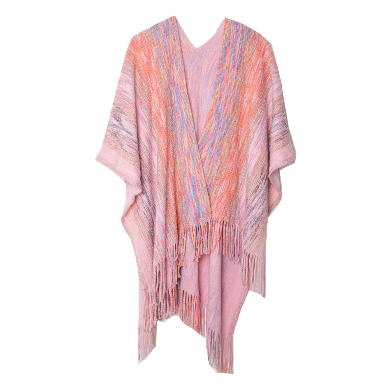 Olivenorma Poncho mit Rüschenbesatz, Quasten, Cardigan-Schal - Rosa - image 1
