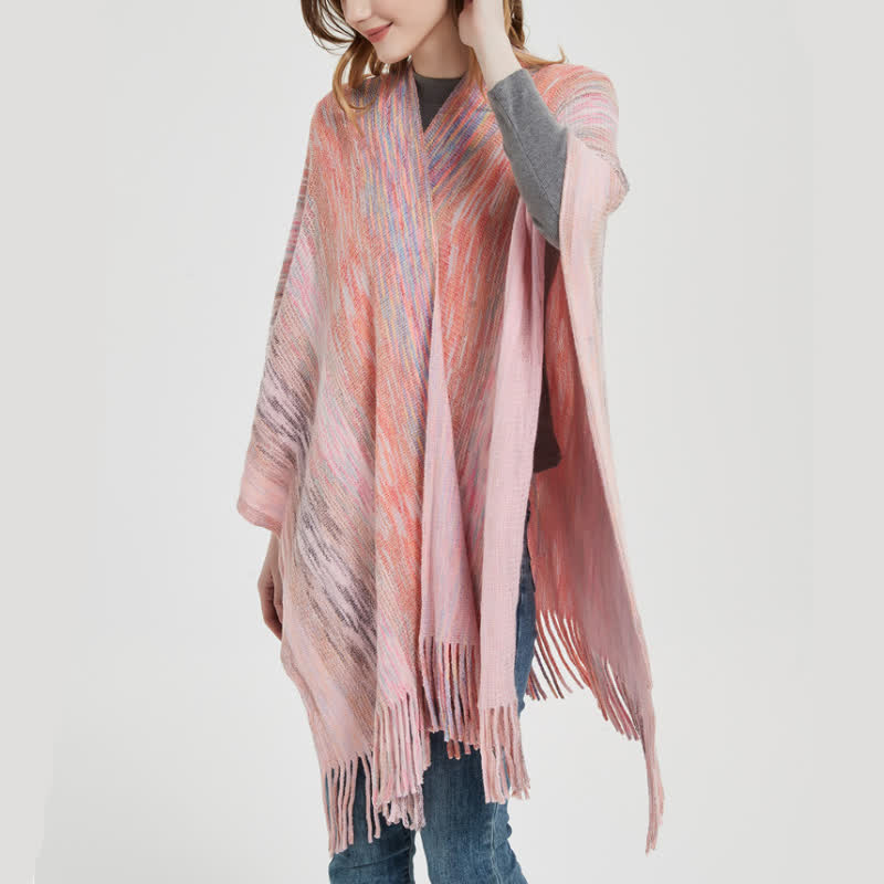 Olivenorma Poncho mit Rüschenbesatz, Quasten, Cardigan-Schal - image 3