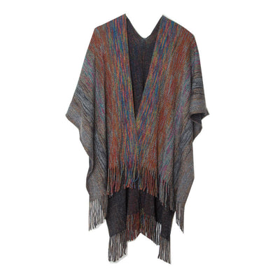 Olivenorma Poncho mit Rüschenbesatz, Quasten, Cardigan-Schal - Dunkelgrau - image 10