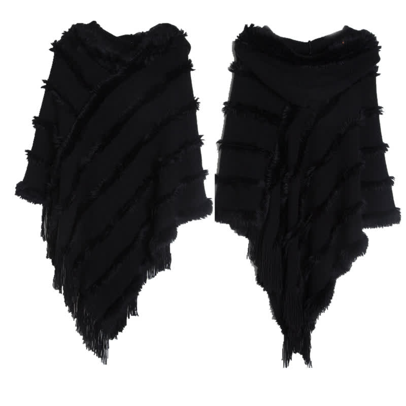 Olivenorma Einfarbiger Fransen-Wickelhut-Strickjacke-Schal - Schwarz - image 18