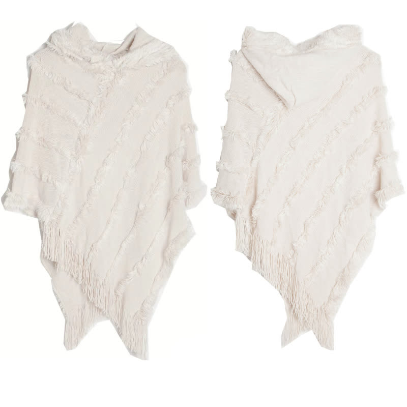 Olivenorma Einfarbiger Fransen-Wickelhut-Strickjacke-Schal - Weiß - image 12