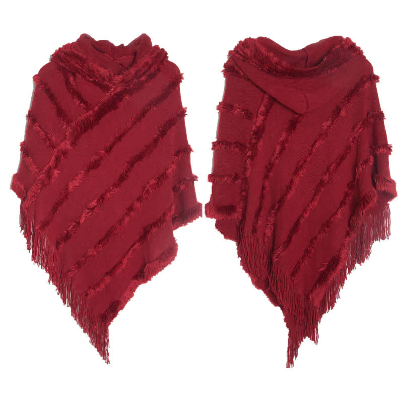 Olivenorma Einfarbiger Fransen-Wickelhut-Strickjacke-Schal - Rot - image 14