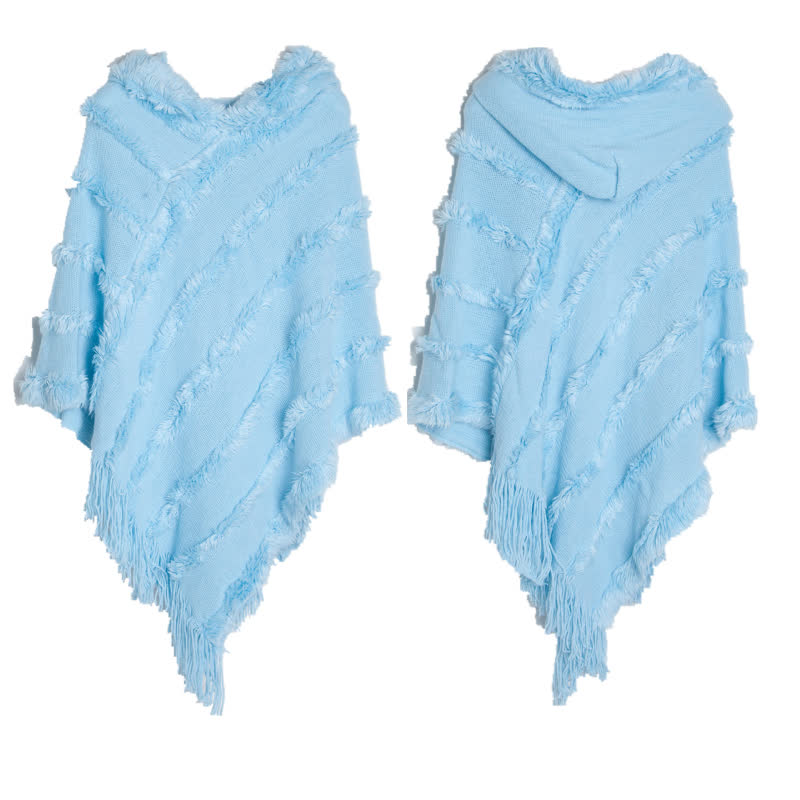 Olivenorma Einfarbiger Fransen-Wickelhut-Strickjacke-Schal - Blau - image 11
