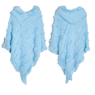Olivenorma Einfarbiger Fransen-Wickelhut-Strickjacke-Schal - Blau - image 11