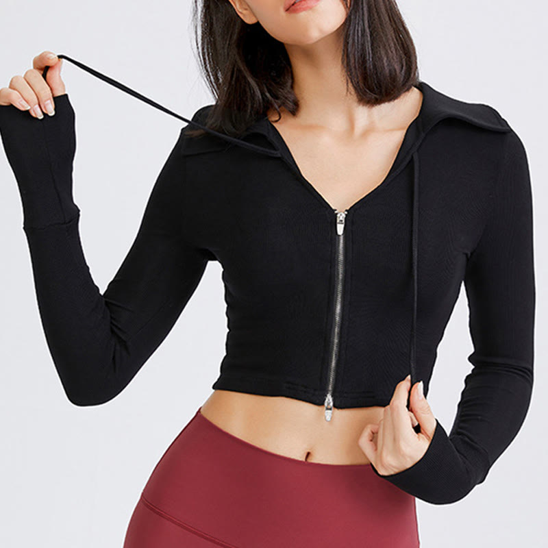 Olivenorma Damen-Workout-Yoga-Jacke, leicht, mit Reißverschluss, kurz geschnitten, sportliche Hoodies - Schwarz - L - image 7