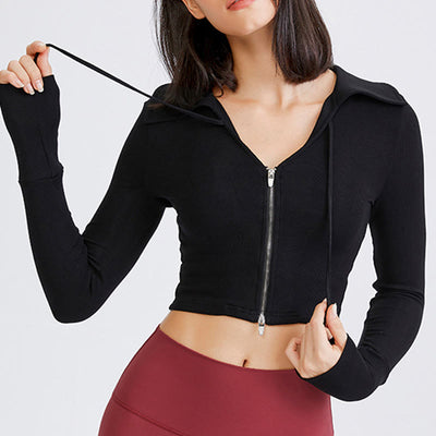 Olivenorma Damen-Workout-Yoga-Jacke, leicht, mit Reißverschluss, kurz geschnitten, sportliche Hoodies - Schwarz - L - image 7