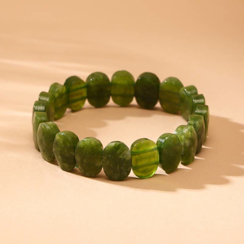 Olivenorma Stretch-Armband mit natürlichen Edelsteinen, 14 mm, facettierte ovale Perlen - Grüne Jade - image 4