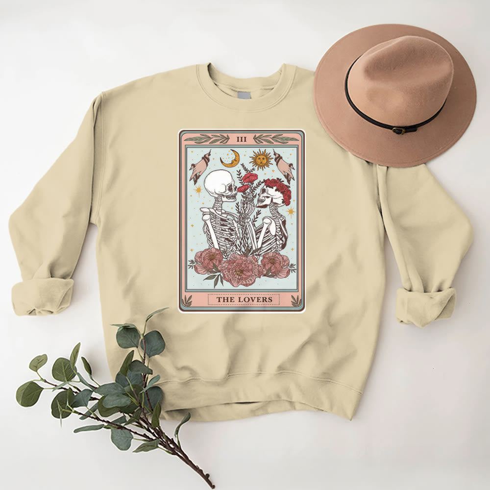 Olivenorma THE LOVER Totenkopf Tarotkarte Locker geschnittenes Fleece-Pullover-Sweatshirt mit Rundhalsausschnitt - image 1