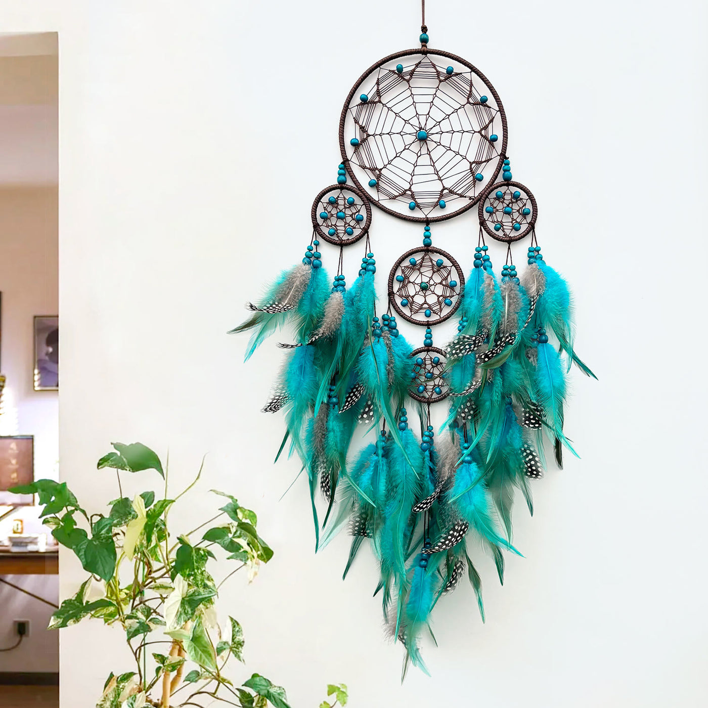 Olivenorma Tribal Symbol Boho Wandbehang Dekoration Kreisnetz Traumfänger - Mit Lichtern - Blau - image 7