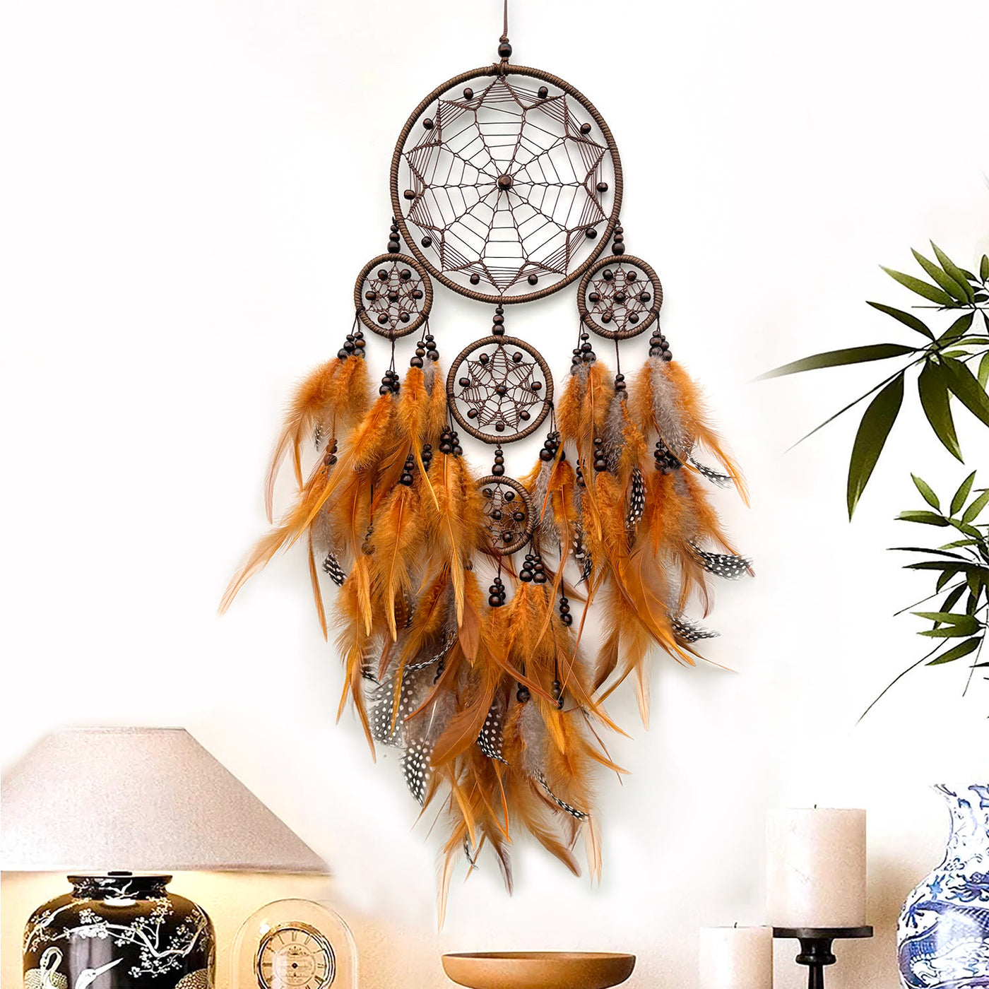 Olivenorma Tribal Symbol Boho Wandbehang Dekoration Kreisnetz Traumfänger - Mit Lichtern - Kaffee - image 2