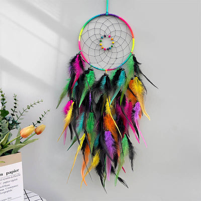 Olivenorma Traumfänger mit Sternennacht-Pracht, Regenbogen, handgefertigt, zum Aufhängen an der Wand, Feder - Mit Lichtern - image 0