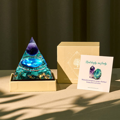 Olivenorma Mystic Union Amethyst & Malachit Orgon-Pyramide - 10 x 10 cm (mit Karte) - JA BITTE 8 $ - image 0