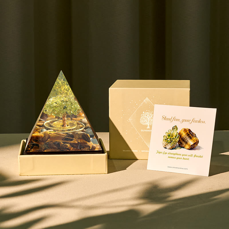 Olivenorma Wurzeln des Mutes Peridot & Tigerauge Baum des Lebens Orgon-Pyramide - 10 x 10 cm (mit Karte) - JA BITTE 8 $ - image 0
