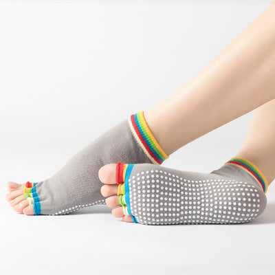 Olivenorma Bunte, knöchellange, zehenfreie Pilates-Socken für Damen, rutschfeste Yoga-Socken - Farbe: Zehenbereich & Hellgrau - 14 Paare - image 13