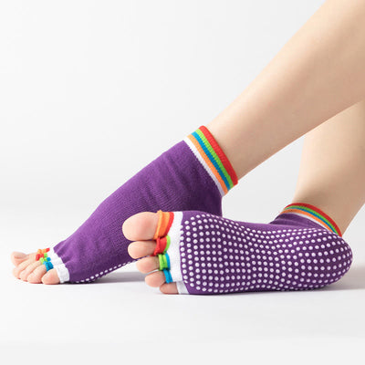 Olivenorma Bunte, knöchellange, zehenfreie Pilates-Socken für Damen, rutschfeste Yoga-Socken - Farbe-Zehen & Dunkelviolett - 14 Paare - image 15