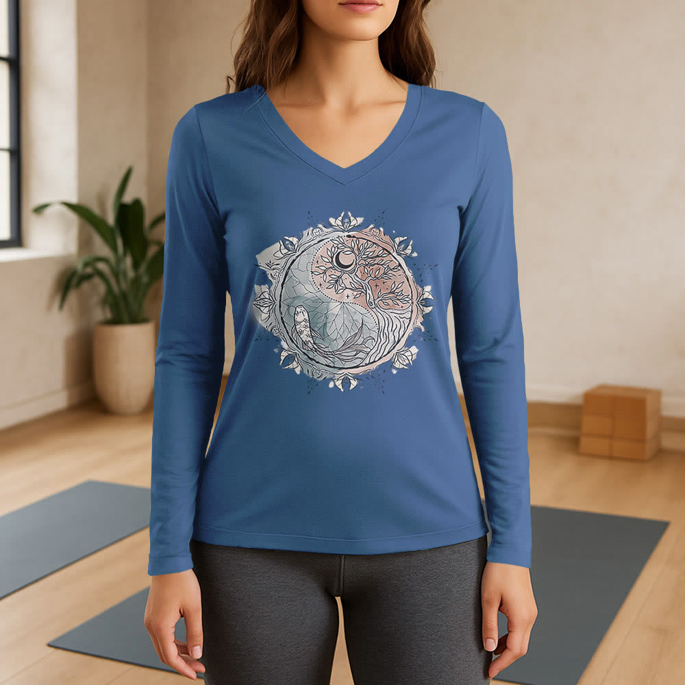 Olivenorma Baum des Lebens Inspirierendes Langarm-T-Shirt mit V-Ausschnitt - Blau - 3XL - image 12