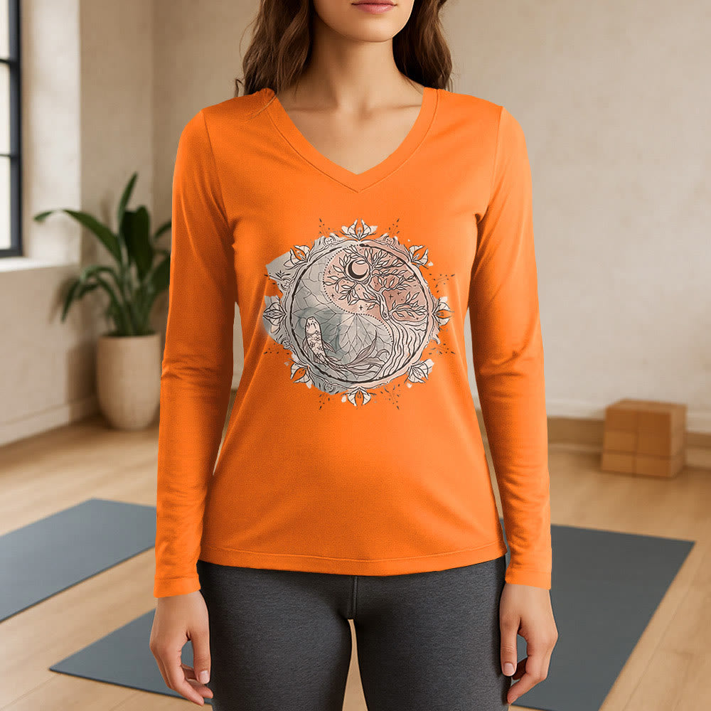 Olivenorma Baum des Lebens Inspirierendes Langarm-T-Shirt mit V-Ausschnitt - Orange - 3XL - image 15
