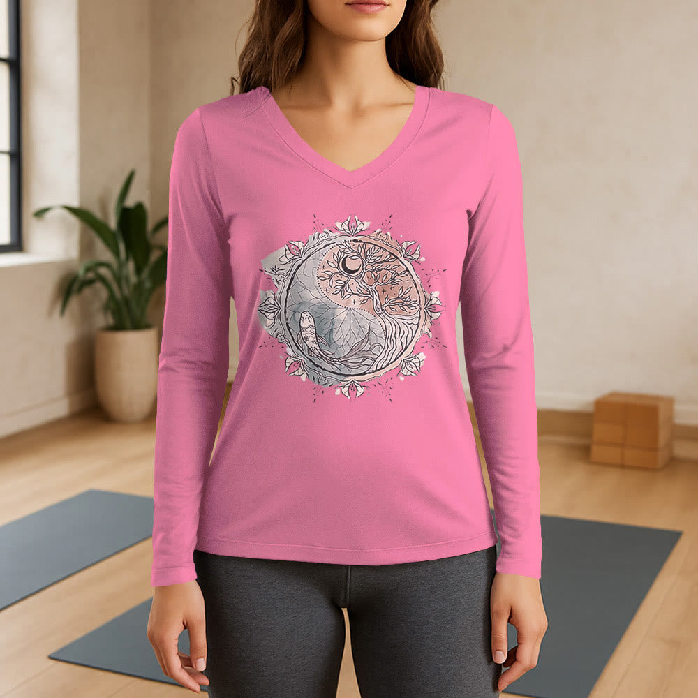 Olivenorma Baum des Lebens Inspirierendes Langarm-T-Shirt mit V-Ausschnitt - Rosa - 3XL - image 13