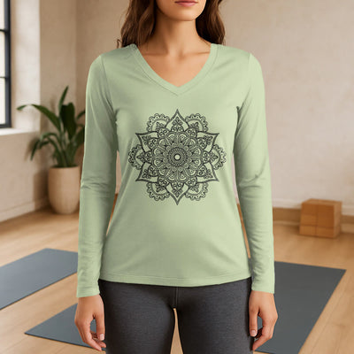 Olivenorma Langarm-T-Shirt mit buntem Lotus-Elefanten-Print und V-Ausschnitt - Hellgrün - 3XL - image 10