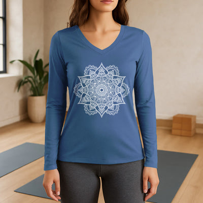 Olivenorma Langarm-T-Shirt mit buntem Lotus-Elefanten-Print und V-Ausschnitt - Blau - 3XL - image 0