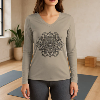 Olivenorma Langarm-T-Shirt mit buntem Lotus-Elefanten-Print und V-Ausschnitt - Khaki - 3XL - image 17
