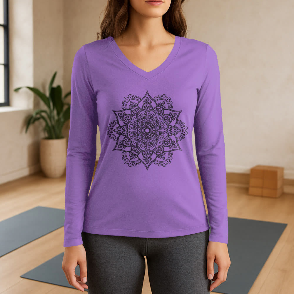 Olivenorma Langarm-T-Shirt mit buntem Lotus-Elefanten-Print und V-Ausschnitt - Lila - 3XL - image 14