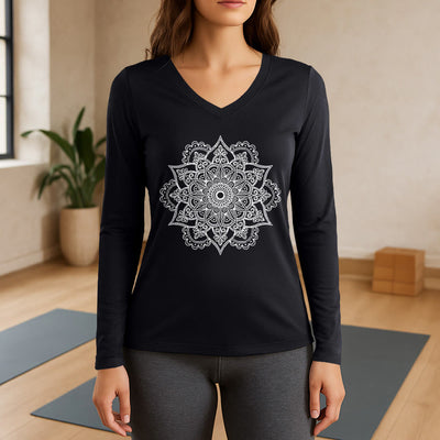 Olivenorma Langarm-T-Shirt mit buntem Lotus-Elefanten-Print und V-Ausschnitt - Schwarz - 3XL - image 9