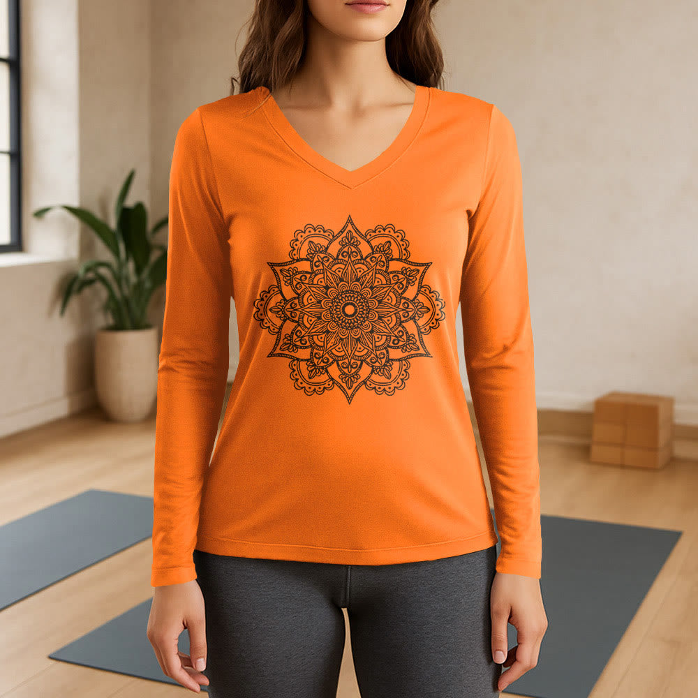 Olivenorma Langarm-T-Shirt mit buntem Lotus-Elefanten-Print und V-Ausschnitt - Orange - 3XL - image 15