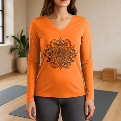 Olivenorma Langarm-T-Shirt mit buntem Lotus-Elefanten-Print und V-Ausschnitt - Orange - 3XL - image 15