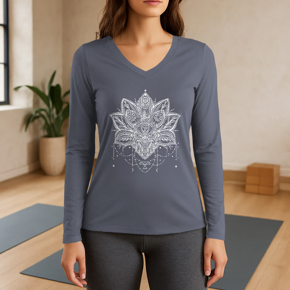Olivenorma Lotus bedrucktes Langarm-T-Shirt mit V-Ausschnitt, Größe L - Grau - 3XL - image 16