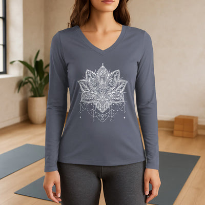 Olivenorma Lotus bedrucktes Langarm-T-Shirt mit V-Ausschnitt, Größe L - Grau - 3XL - image 16