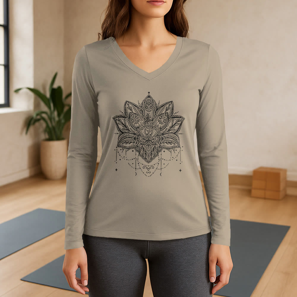 Olivenorma Lotus bedrucktes Langarm-T-Shirt mit V-Ausschnitt, Größe L - Khaki - 3XL - image 17