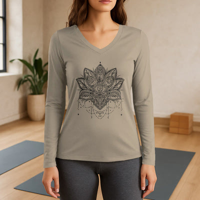 Olivenorma Lotus bedrucktes Langarm-T-Shirt mit V-Ausschnitt, Größe L - Khaki - 3XL - image 17