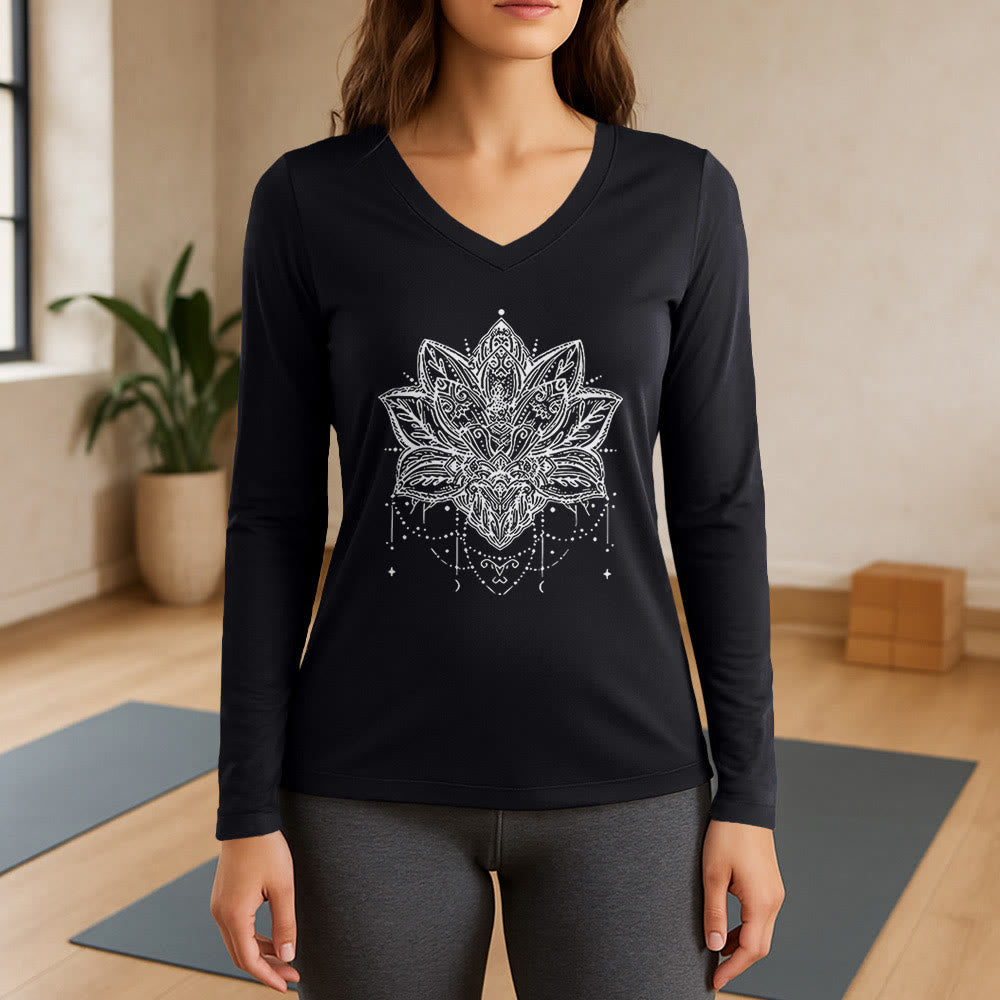 Olivenorma Lotus bedrucktes Langarm-T-Shirt mit V-Ausschnitt, Größe L - Schwarz - 3XL - image 9