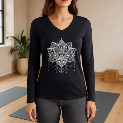 Olivenorma Lotus bedrucktes Langarm-T-Shirt mit V-Ausschnitt, Größe L - Schwarz - 3XL - image 9