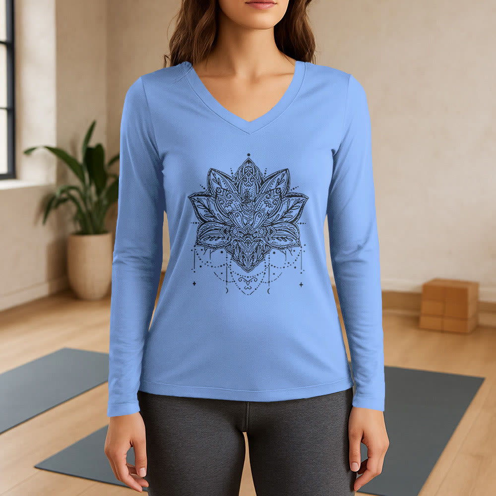 Olivenorma Lotus bedrucktes Langarm-T-Shirt mit V-Ausschnitt, Größe L - Hellblau - 3XL - image 10