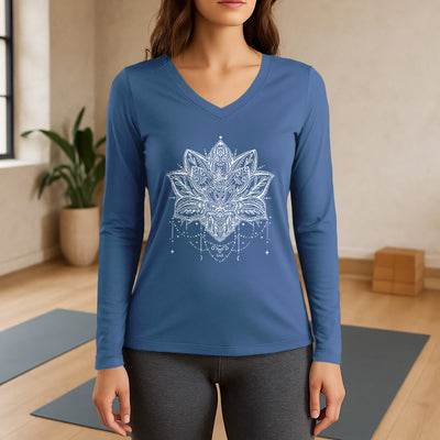 Olivenorma Lotus bedrucktes Langarm-T-Shirt mit V-Ausschnitt, Größe L - Blau - 3XL - image 12