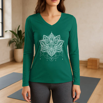 Olivenorma Lotus bedrucktes Langarm-T-Shirt mit V-Ausschnitt, Größe L - Grün - 3XL - image 11