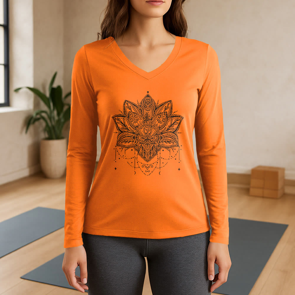 Olivenorma Lotus bedrucktes Langarm-T-Shirt mit V-Ausschnitt, Größe L - Orange - 3XL - image 15
