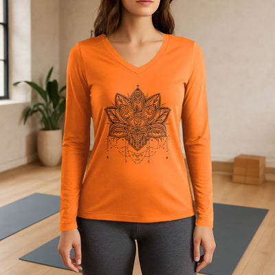 Olivenorma Lotus bedrucktes Langarm-T-Shirt mit V-Ausschnitt, Größe L - Orange - 3XL - image 15