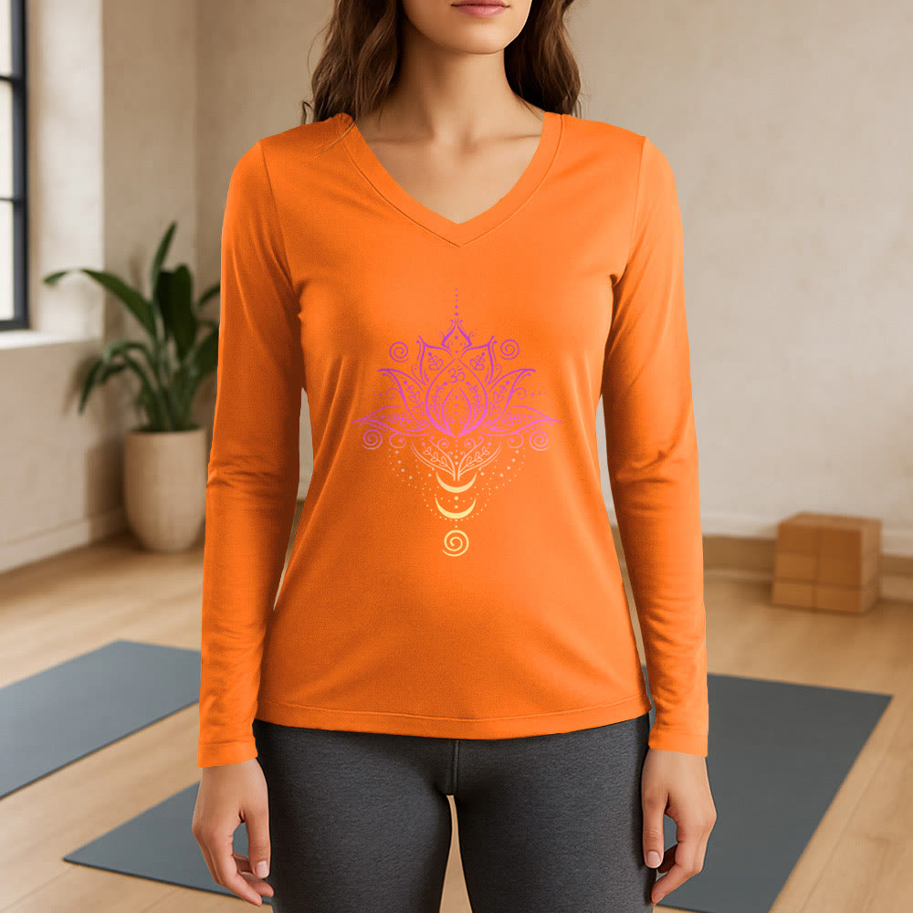 Olivenorma OM Lotusblumen-Langarm-T-Shirt mit V-Ausschnitt - Orange - 3XL - image 15